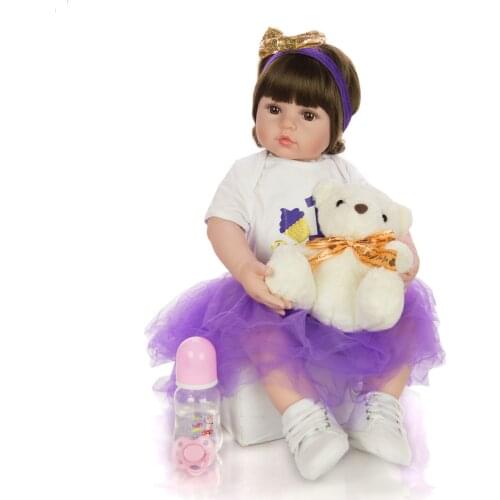 Curly hair 60CM bebe reborn toddler girl doll in purple dress stuffed body soft silicone realistic baby reborn toy gift playmate