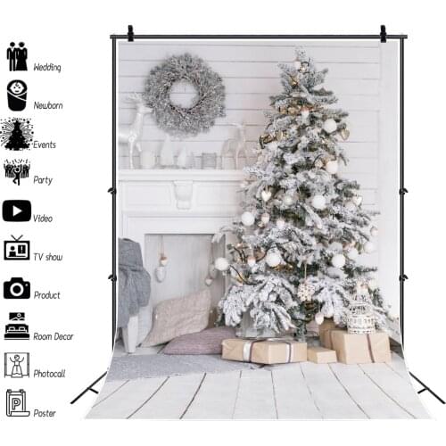 Laeacco Merry Christmas Festivals Tree White Brick Wall Floor Scene Background For Photography Gift Baby Child Photo Backdrop