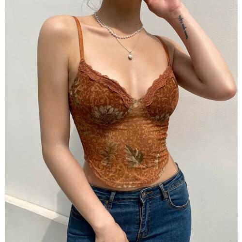 2021 summer European and American new sexy womens retro mesh lace-up lace print bottoming sling crop top