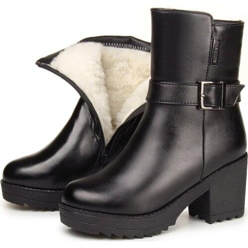 Fashion Warm One Fur Wool Boots Winter Top Full Cowhide Leather Boots Snow Shoes Non-slip High Heels Winter Boots Womens Boots