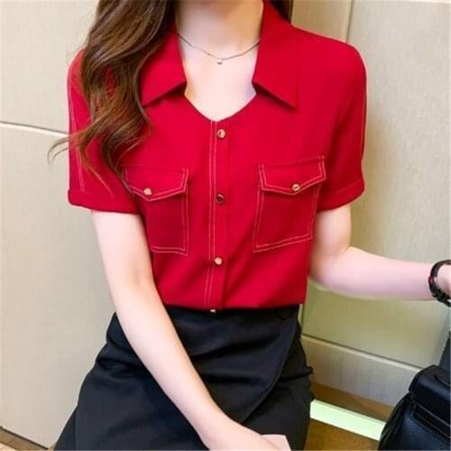 Fashion Women Shirts Short Sleeve Polo-Neck French Style Blouses Summer Elegant Pocket Ladies Blusas Chiffon Tops MM0745