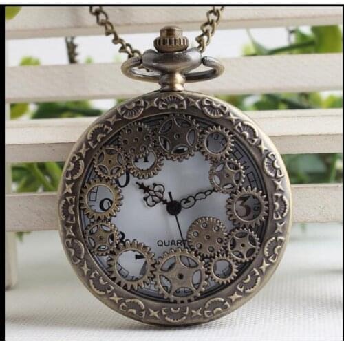 Retro Design Hollow Gear Watches Men Vintage Bronze Pocket Watch Necklace Women Chain Pendant Gift Relogio De Bilso Bronze KJ23