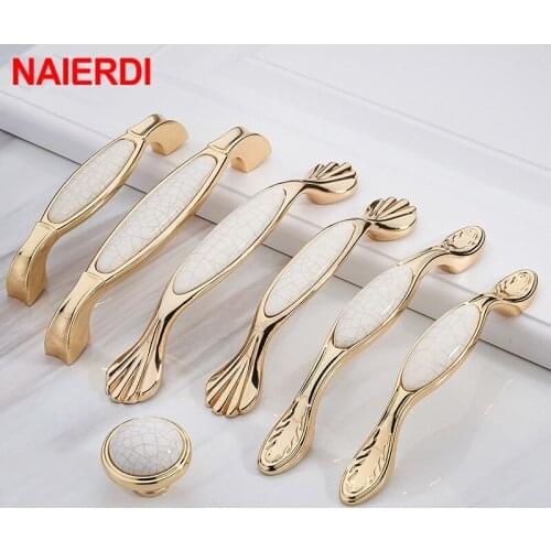 NAIERDI European Creamic Gold and White Cabinet Handles Zinc Alloy Drawer Pulls Kitchen Door Knobs Furniture Handle Hardware