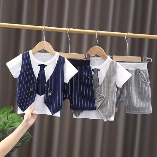 New Summer Kids Boys Clothes Baby Gentleman High Qulity Short Sleeve Patchwork T Shirt Pants Toddler Boy Clothing Casual Outfits
