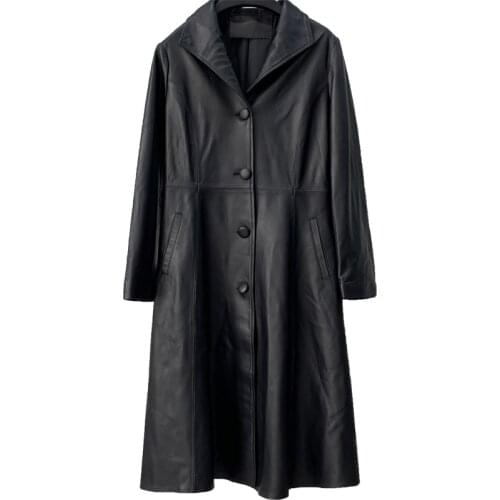 2021 Autumn New Leather Windbreaker Womens Sheep Skin Medium and Long Leather Jacket Slim Fashion Coat