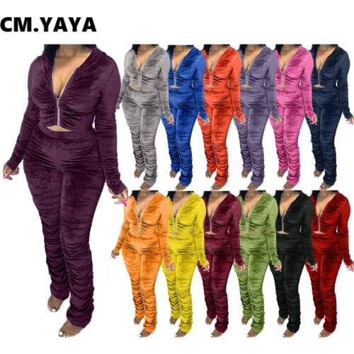CM.YAYA Autumn Velvet Stacked Womens Set Zipper Hoodies Ruched Pants Set Sport Tracksuit Two Piece Outfit Active Sweatsuit