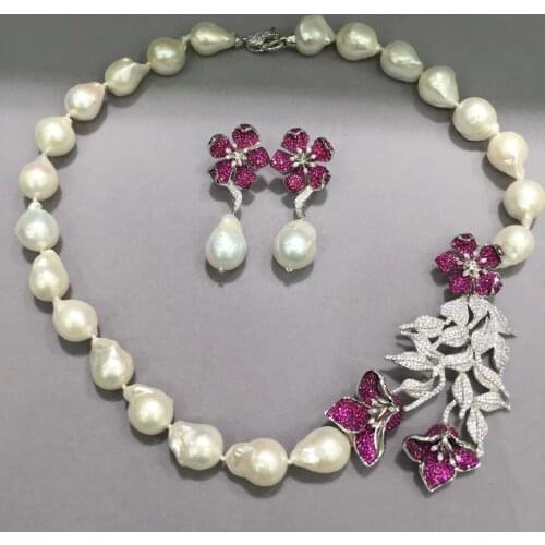 Baroque natural fresh water pearl necklace and earring jewelry sets 925 sterling silver with cubic zircon flower stud earring