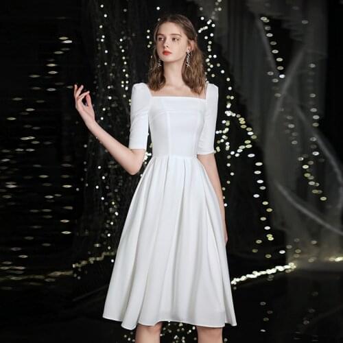 Special Occasion Dresses Vintage Square Collar Short Luxury White Zipper A-Line Satin Knee-Length Elegant Women Prom Gown E976
