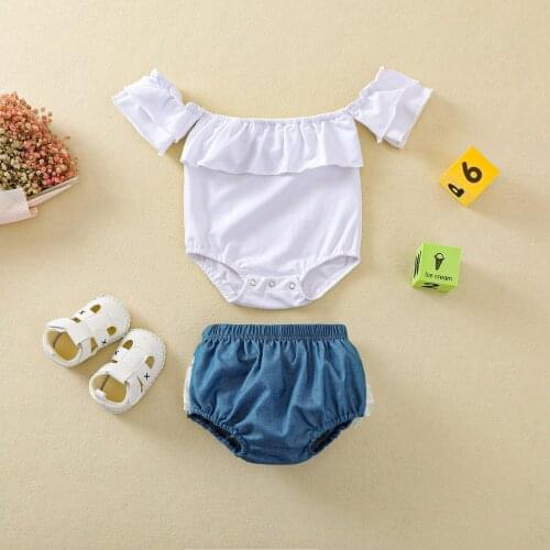 Pudcoco Newborn Baby Girl Clothes Fresh Solid Color Boat Neck Off Shoulder Romper Lace Denim Triangle Shorts 2Pcs Outfits Suit