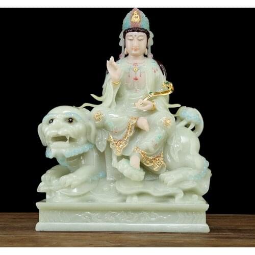 Luxury high gilding jade BUDDHA figure Buddhism Lion GOD WEN SHU PUSA Manjusri buddha Asia HOME protection Prosperity Sculpture