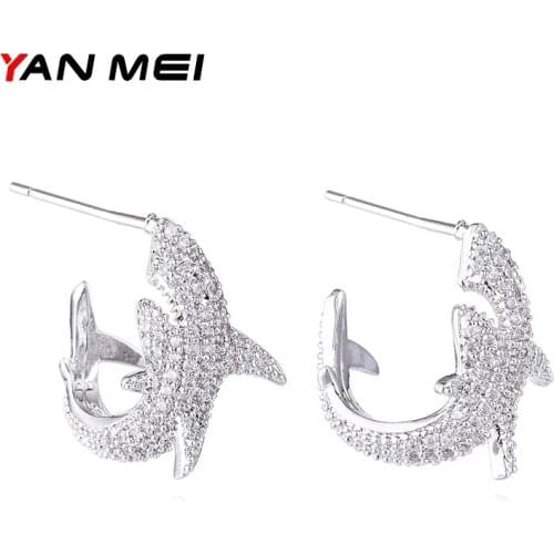 YANMEI AAA Cubic Zirconia Dolphins Stud Earrings For Women Crystal Animals Earring For Party Fashion Jewelry YME7762