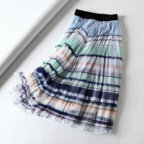 Sherhure 2020 Summer Boho Blue High Waist Striped Women Layers Mesh Long Skirt Faldas Jupe Femme Saia