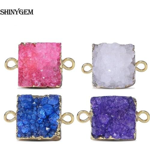 ShinyGem 12mm Charm Square Natural Brazil Agate Crystal Druzy Pendant Connectors Gold Plating Bezel For DIY Jewelry Making