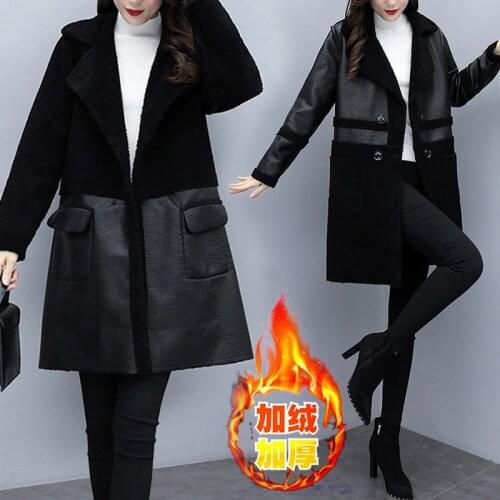 Loose Fit Black Pu Leather Spliced Big Size Jacket Winter Lamb Cashmere Jackets Thick Two Sides Wear Faux Leather Coat 5XL W2240
