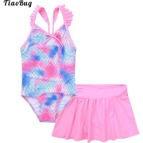 TiaoBug Summer Kids Girls 2Pcs Swimming Bodysuit V Neck Straps Open Back Fish Scale Print Jumpsuit And Skirt Sets Swimwear