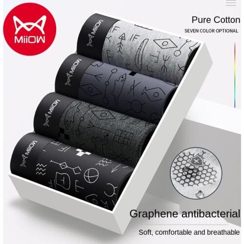 MiiOW Genuine Mens Underwear Pure Cotton Graphene Antibacterial Boxer Shorts Breathable Boys Underwear Mid-waist Large Size
