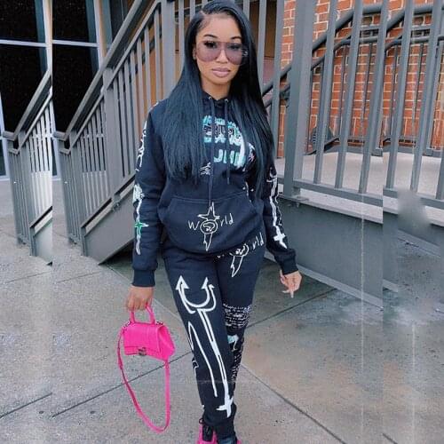 Graffiti Streetwear Two 2Piece Set Women Tracksuit Female Pink Hoodies Pants Ladies Matching Suit Outfits Sweatsuit And Leggings