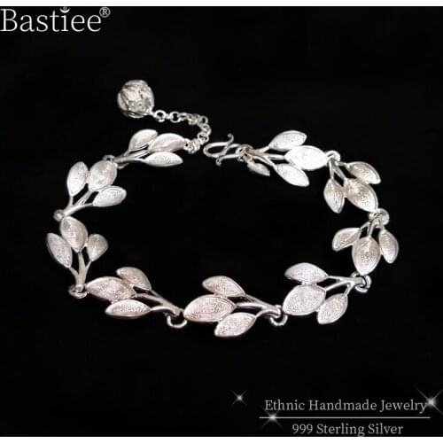 999 Sterling Silver Leaf Bracelets For Women Bracelet Femme Handmade Luxury Jewelry Charms Ethnic Hand Chain Link Gifts pulseira
