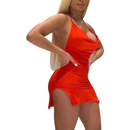 Women Sexy Close-fitting Dress, Solid Color Deep V-neck Sleeveless Short 1-piece, Black/ Red/ Fluorescent Green