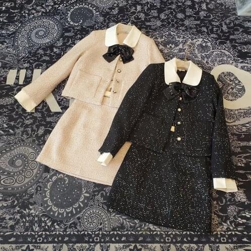 2021 Autumn Winter Dress Sets Womens Crop Tops Rhinestone Bow Woolen Coats Sequins Jacket + Short Skirt Two Piece Tweed Suits