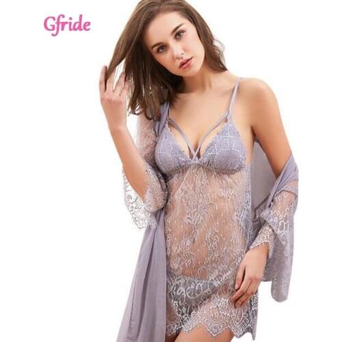 Women Sleep Pajama Set Sexy Deep V Neck Lace Robe Ultra-thin Net Yarn Sleepwear Women Summer Pyjamas Fashion Pajamas 3pcs sets