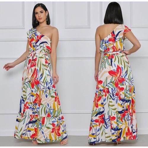 Summer 2021 Ladies Print Sleeveless Dress Sexy Ladies Loose High Waist Slant Shoulder New Dashiki Flounces Party Dress