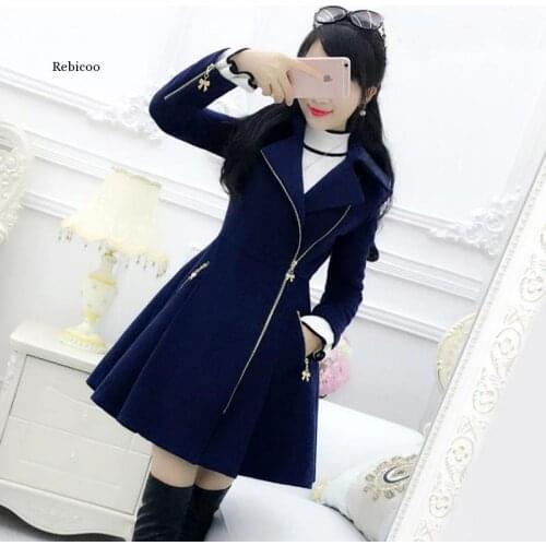Women Coat Dark Blue Zipper Long-Sleeved Woolen Coat Womens Mid-Length Slim Winter Women