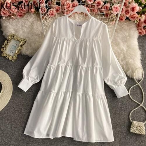 KUSAHIKI Korean Causal A-line Sweet Dresses 2021 Spring Long Sleeve V-neck Vestidos Women Pleated Doll Dress 6F422