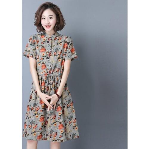Floral cotton linen women dresses 2020 summer vintage short-sleeved slim knee-length lady elegant dresses top quality