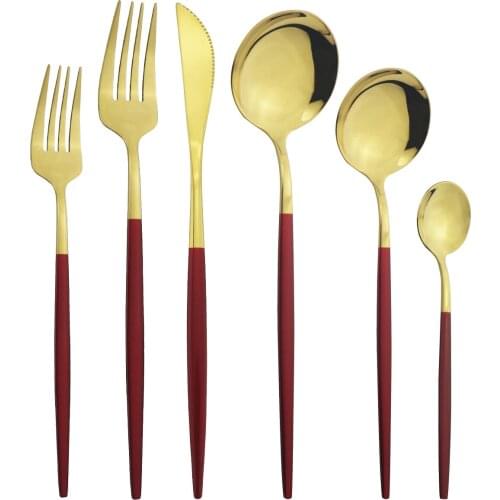 6Pcs/Set Red Gold Cutlery Set Stainless Steel Dinnerware Set Knife Fork Dessert Spoon Tableware Set Kitchen Party Silverware Set