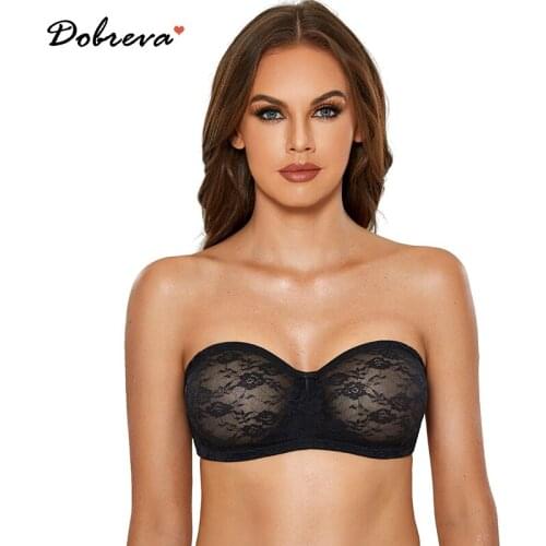 DOBREVA Womens No Padding See-through Underwire Multiway Strapless Lace Bra