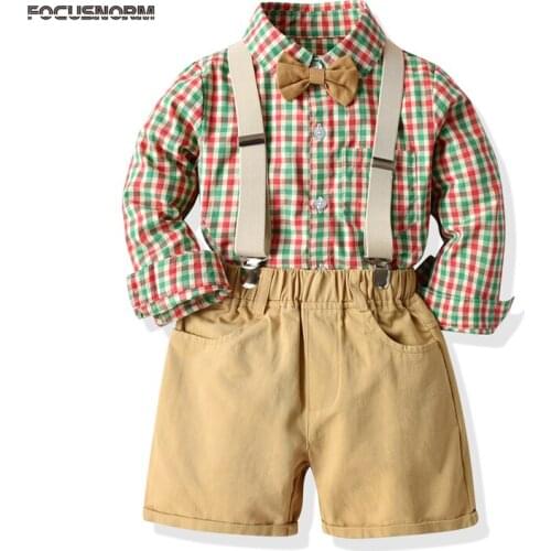 FOCUSNORM 1-7Y Boys Autumn Gentleman Clothes Sets Plaid Print Long Sleeve Shirts Bow Tie Bib Overalls Shorts