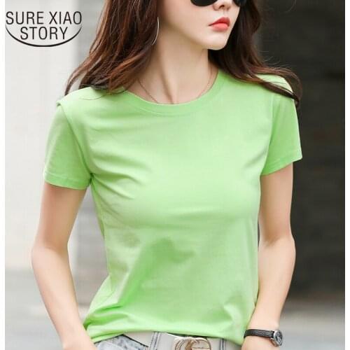 Cotton Summer T-shirt Women 2020 New Simple Short Sleeve Tshirt Loose Tees Base Shirt Casual Solid O-collar Plus Size 8838 50