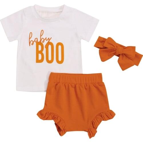 2021-06-04 Lioraitiin 0-3Years Toddler Baby Girl 3Pcs Halloween Outfits Short Sleeve Letter Print Tops Ruffle Shorts Headband