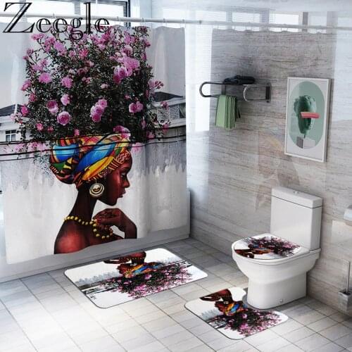 Pastoral Style Bath Mat Waterproof Shower Curtain Set Bathroom Carpet Rug Home Decor U-Shaped Toilet Rug and Anti-slip Foot Rug