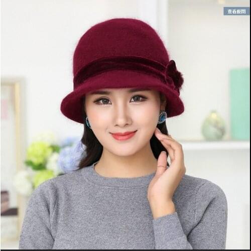 Hot Sell Winter Women Knitted Floral Skullies Super Soft Wool Mix Rabbit Fur Hat Warm Beanies Female Baggy Headwear Cap Fedoras