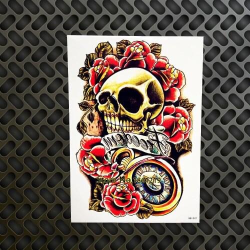 Fashion Old Clock Compass Designs Fake Flash Tattoo Men Body Art Painting Tattoo Summer Style Death Skull Henna Flower Roses 047