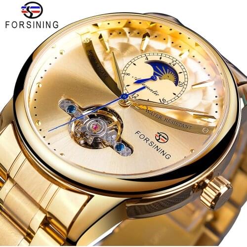 Forsining Tourbillon Automatic Men Watch Classic Golden Male Clock Moon Phase Mechanical Stainless Steel Band Wristwatch Relogio