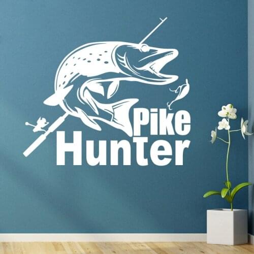 Pike Hunter Decal Go Fishing Sticker Bucket Tackle Shop Fishhook Fish Tank Boat Box Car Vinyl Fishing1006