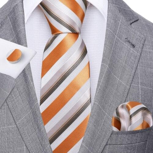 Fashion Orange Striped Men Tie Set Silk Jacquard Necktie Wedding Business Handkerchief Cufflinks Tie Barry.Wang Designer FA-5324
