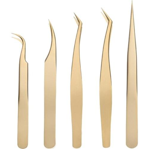 Stainless Steel Eyelashes Tweezers Professional For Lashes Extension Gold Decor Anti-static Eyebrow Tweezers Eyelash Extension