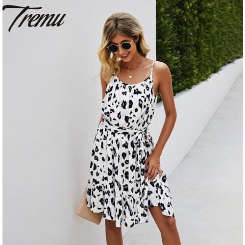 TREMU O-Neck Sexy Leopard Print Cami Slip Dress Womens Summer Spaghetti Strap Mini Dresses