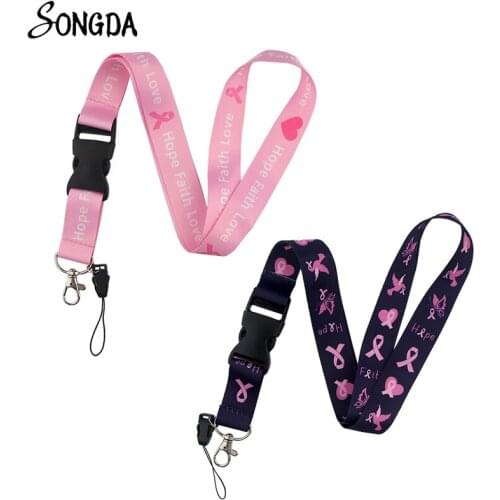 Breast Cancer Awareness Lanyard Neck Straps Keychains Holder Hope Faith Love Pink Ribbon Keycord Key Rings Phone Charms Jewelry
