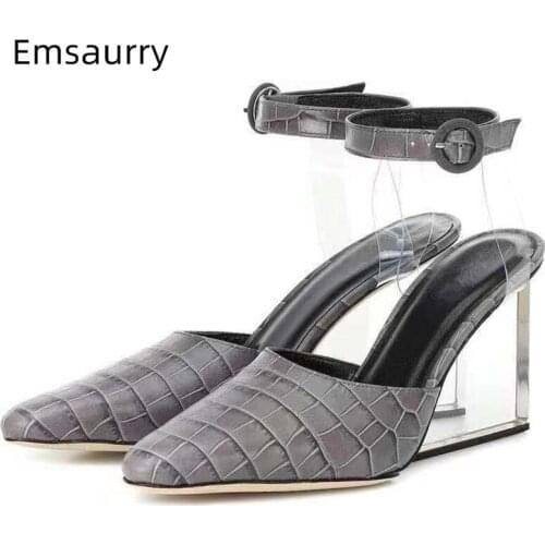 Stone Grain Real Leather High Heel Sandals Women Clear Crystal Wedges Ankle Strap Point Toe PVC Transparent Party Shoes