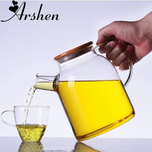 Arshen 1000ml/1800ml Glass Kettle Water Jug Heat Resistant Flower With Bamboo Lid Stainless Steel Filter Juice Container