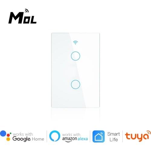 Tuya Wifi Smart Light Switch US 2 Gang White Touch Panel Wall Switch 110-240V Neutral Required Compatible Alexa Google Home