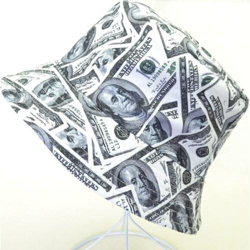 High quality Cotton Double sided Creative Dollar graffiti Bucket Hat Fisherman Hat outdoor travel hat Sun Cap Hats for Men Women
