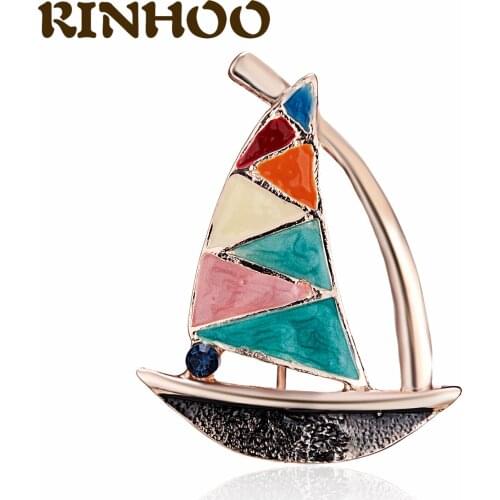 RINHOO Colorful Enamel Ship Brooches For Women Men Sailboat Pin Beauty Rhinestones Steam Boat Party Office Suit Coat Accessories