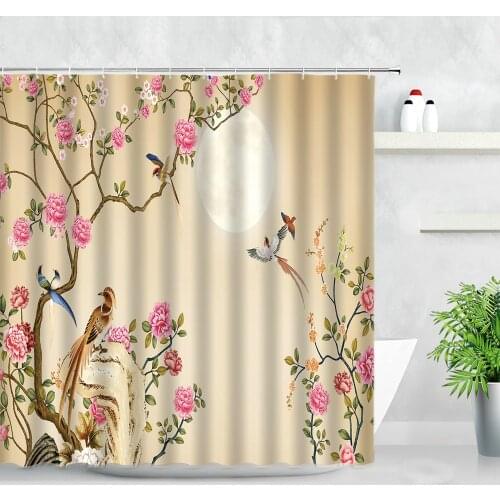 Flowers Bird Landscape Shower Curtains Moon Chinese Style 3D Printing Home Bathroom Decor Screen Waterproof Cloth Curtain Sets