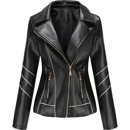 2021 Autumn Women PU Faux Leather Jacket Zipper Up Turn Down Collar Short Jacket Black Biker Coat Slim Jacket Fashion Streetwear
